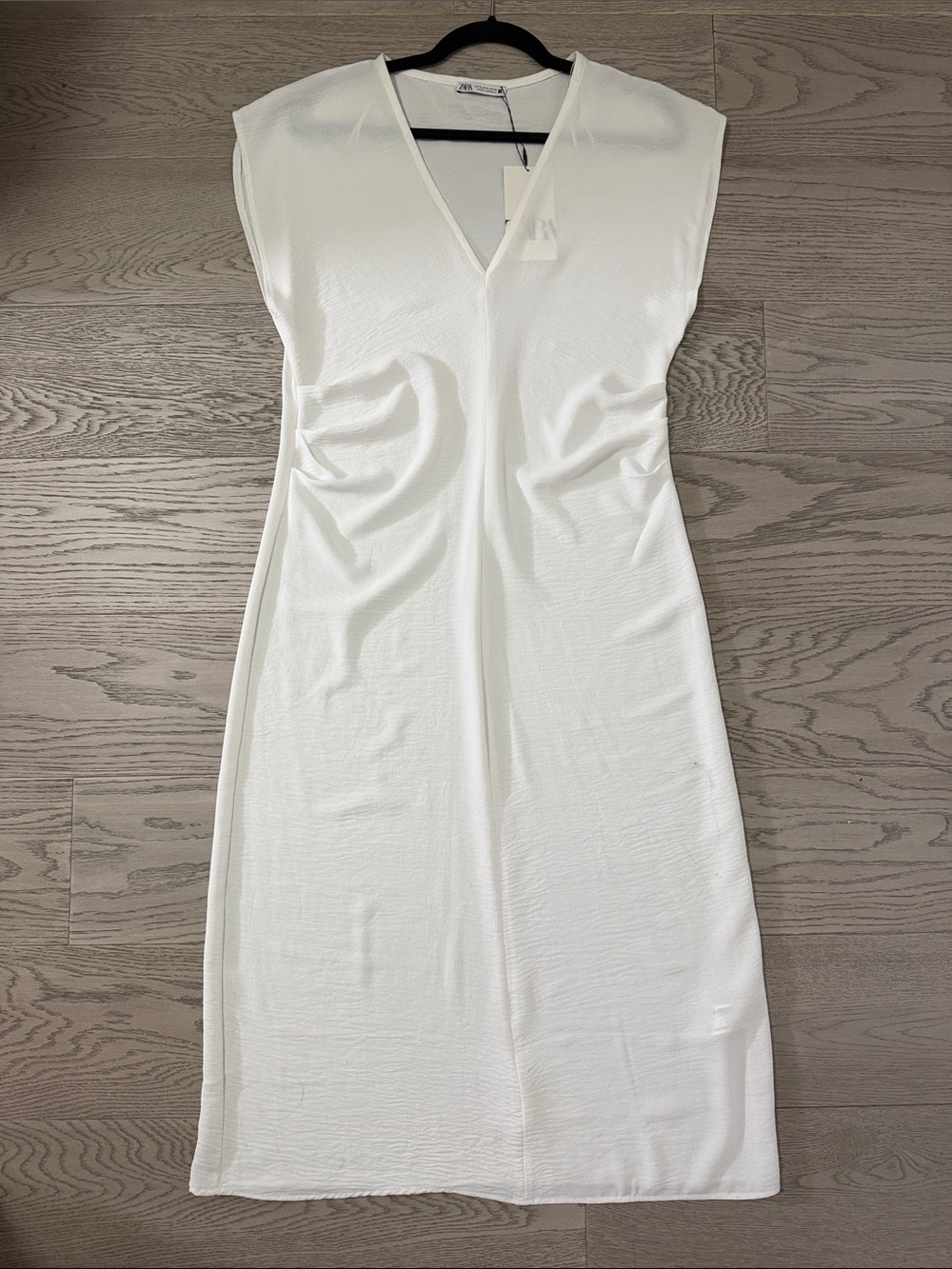 Zara White V-Neck Cap-Sleeve Midi Dress
